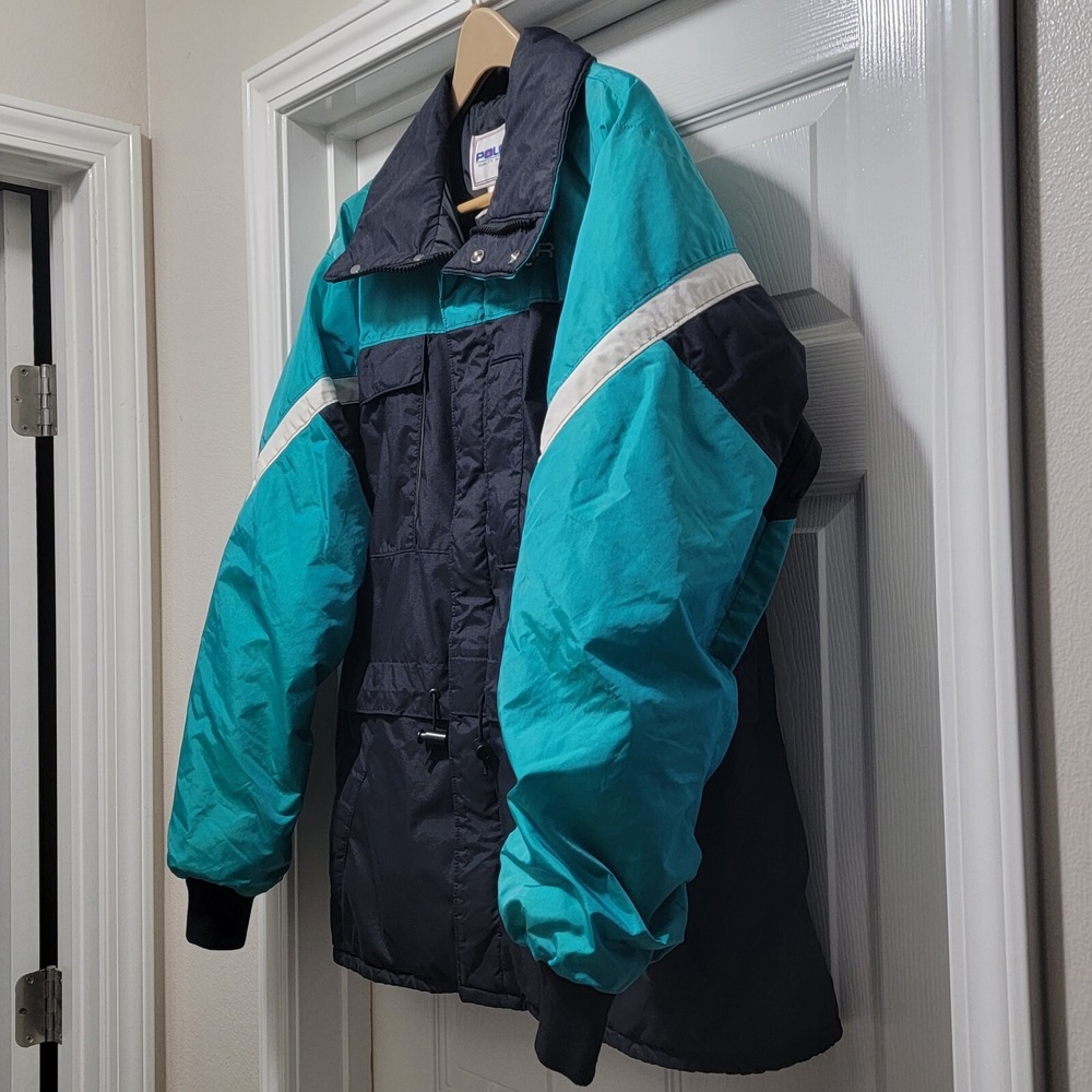 VTG 80s Polaris Insulated Teal Blue Nylon Snowmobile Jacket USA Men's XL READ - Picture 3 of 15